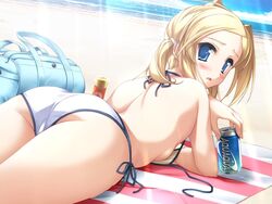 akino_takehiko ass back bag beach bettou_izumi-shizuka_scarlett bikini blonde_hair blue_eyes blush breasts can female game_cg long_hair ocean scarlett sea soda solo sukaretto_izumishizuka_bettou swimsuit tied_hair twintails