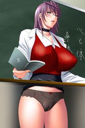 1girls ahoge bb black_panties blouse blush book bow bow_panties breasts brown_eyes cameltoe chalkboard choker female glasses highres huge_breasts injoku_hitozuma_onna_kyoushi kigishi_mahiro labcoat large_breasts lecture_stand lipstick makeup milf no_pants panties podium purple_hair skirt skirt_around_belly skirt_lift solo standing strikes_(company) sweat sweatdrop takahashi_record teacher thighs underwear vest