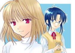 2girls ahoge arcueid_brunestud artist_request blonde_hair blue_hair ciel ciel_(tsukihime) cup glasses looking_at_viewer multiple_girls school_uniform short_hair tsukihime turtleneck type-moon