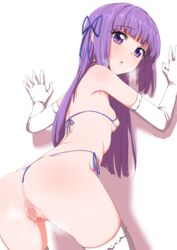 against_wall aikatsu! ass bikini blush breasts breath censored clearite elbow_gloves erect_nipples female from_behind g-string gloves hair_ribbon highres hikami_sumire long_hair looking_at_viewer looking_back micro_bikini panties purple_eyes purple_hair pussy ribbon side-tie_bikini small_breasts solo steam sweat swimsuit thighhighs thong thong_bikini underwear white_gloves