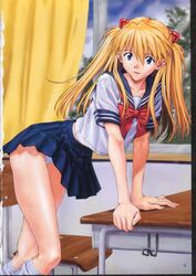 arm_support asuka_langley_sohryu bow clothes clothing desk female female_only human izurumi kneehighs leaning loose_socks neon_genesis_evangelion page_6 panties pleated_skirt school_uniform seifuku serafuku skirt socks solo standing underwear white_legwear white_panties white_socks