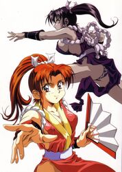 2girls 90s alternate_color breasts brown_eyes cleavage erect_nipples fan fatal_fury female folding_fan hair_ribbon highres huge_breasts human kawarajima_kou king_of_fighters long_hair mai_shiranui multicolored_panties multiple_girls orange_hair panties print_panties ribbon rope sideboob smile snk underwear