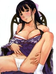 anklehighs areola areolae bare_shoulders black_hair blush bow breast_press breasts cameltoe cleavage footwear hakama japanese_clothes kimono leg_lift legs long_hair long_legs naruko_hanaharu nipple_slip nipples panties purple_eyes robe scan sitting skirt skirt_lift socks spread_legs string_panties sweat tabi underwear white_panties white_socks yagasuri yukata