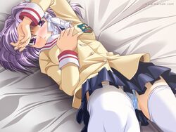 bed blouse blue_panties blush bow clannad clothing fujibayashi_kyou hair_ribbon highres lying miniskirt on_back panties pantyshot pantyshot_(lying) pleated_skirt purple_eyes purple_hair ribbon school_uniform seifuku serafuku skirt solo stockings striped striped_panties thighhighs tress_ribbon underwear upskirt watsuki_ayamo white_legwear white_thighhighs