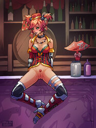 boots borderlands borderlands_2 clothes female gaige_(borderlands) h1kar1ko hat high_heel_boots pussy sitting solo tied_hair twintails