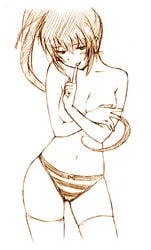 1girls blush bow bow_panties breast_hold breasts comic_party covering covering_breasts female jas monochrome panties ponytail solo striped striped_panties takase_mizuki thighhighs tied_hair topless underwear underwear_only