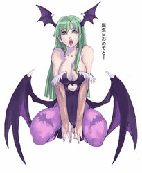 breasts capcom cleavage clothing darkstalkers demon_girl head_wings headwings hip_wings large_breasts morrigan_aensland open_mouth pantyhose succubus tetsu_(kimuchi) vampire_savior wings