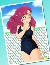 1girls 2004 blush breasts chainlink_fence dutch_angle female fence highres large_breasts light-skinned_female light_skin long_hair mushimaru one-piece_swimsuit orange_eyes photo_(object) pink_hair ran_(urusei_yatsura) school_swimsuit smile solo swimsuit urusei_yatsura wet