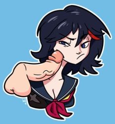 1girls annoyed assertive_male black_hair blue_background blue_eyes disembodied_penis female heroine inkstash kill_la_kill matoi_ryuuko penis penis_on_cheek penis_on_face penis_poking_cheek poking short_hair simple_background studio_trigger thin_female unamused unhappy_female