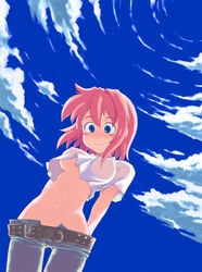 arms_behind arms_behind_back belt blue_eyes blush breasts crop_top denim jeans kusanagi_tonbo lowleg lowleg_panties midriff no_bra original panties pink_hair red_hair see-through shirt short_hair sky slender thigh_gap thighs underboob underwear windy_wing