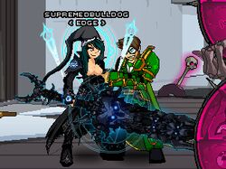 1boy1girl adventurequest_worlds aqw aqworlds artix_entertainment blue_eyes blue_hair breast_squeeze breasts breasts_out breasts_out_of_clothes christmas_hat clothing edit female female_focus flashing flashing_breasts glasses googles hat medium_breasts original_character saint_patricks_day skull supremebulldog sword