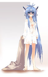 1girls barefoot blue_eyes blue_hair blush breasts cleavage female hairan highres kos-mos long_hair no_bra open_clothes open_shirt robot_ears see-through shirt solo very_long_hair wet xenosaga xenosaga_episode_iii