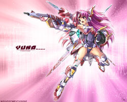 5:4 armpits elbow_gloves gloves gun gundam komatsu_eiji long_hair maburaho mecha_musume miyama_yuuna parody pink_eyes pink_hair solo wallpaper weapon