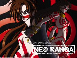 1girls ass bodypaint bracelet breasts brown_hair earrings female jewelry lipstick long_hair lots_of_jewelry makeup neo_ranga nude red_eyes shimabara_minami solo sword tribal wallpaper weapon