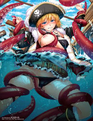 belt blue_eyes boots bra breasts cameltoe chobipero choker clenched_teeth clouds coat female hat highres imminent_rape long_hair nipples open_clothes open_shirt orange_hair outdoors panty_pull partially_submerged pirate restrained ship shirt sky slime tentacle tentacle_rape thigh_strap torso_grab underwater wardrobe_malfunction water wet