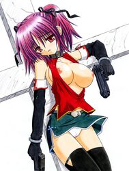 :o against_wall angelical_pendulum bangs bare_shoulders belt black_gloves black_legwear black_thighhighs blouse blush bracelet breast_slip breasts cameltoe cleavage collar cross dual_wield dual_wielding dutch_angle elbow_gloves embarrassed female firearm glock gloves gun guns_akimbo hair_ribbon handgun hands_on_hips head_tilt hoshiyumi_chiseri jewelry leaning looking_away matra_milan midriff miniskirt nipple_slip nipples no_bra one_breast_out open_clothes open_shirt panties pantyshot pantyshot_(standing) parted_bangs pink_hair pistol puffy_nipples red_eyes red_hair ribbon semiautomatic shirt short_hair short_twintails side_slit sideboob simple_background skirt skirt_lift solo standing steyr_gb tank_top thighhighs tied_hair traditional_media twintails underwear weapon white_panties wind_lift zettai_ryouiki