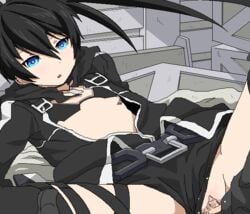 belt bikini_top black_hair black_rock_shooter black_rock_shooter_(character) blue_eyes blush clothed_sex female oekaki panties_aside sex shorts_aside tagme tomubobu