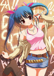 blue_hair boots camisole denim denim_shorts fumio jacket long_hair midriff red_eyes shorts tied_hair twintails