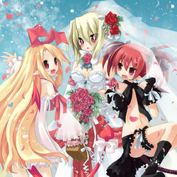 3girls back black_legwear black_socks blonde_hair blush breasts bride cleavage demon_girl detached_sleeves disgaea disgaea_1 disgaea_2 dress etna fallen_angel flat_chest flonne flonne_(fallen_angel) flower footwear highres leotard long_hair looking_back miniskirt multiple_girls nippon_ichi_software panties pantyshot pleated_skirt pointy_ears ponytail red_eyes red_hair red_rose rose rozalin sazaki_ichiri short_hair short_twintails skirt socks tail tied_hair twintails underwear wedding_dress white_dress white_panties