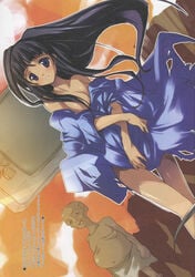 artist_request black_hair blue_eyes blush breasts cleavage covering covering_crotch dark-skinned_female dark_skin dutch_angle eye_bags female knees_touching long_hair nude off_shoulder playstation psp sony source_request tear translation_request underwear underwear_only very_long_hair