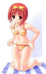 akamaru beach bikini blush kamigishi_akari kneeling panties red_eyes red_hair short_hair solo striped striped_panties swimsuit to_heart to_heart_(series) underwear