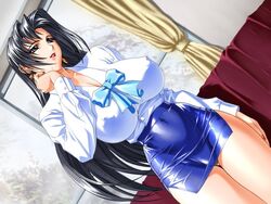 1girls 4:3 90s adjusting_hair arm_up black_hair blouse bow breasts cameltoe cleavage curvy dutch_angle earrings erect_nipples escalation_~aoi_houyou~ fairy_dust_(company) female game_cg hips huge_breasts inoue_takuya jewelry legs long_hair melody_(company) microskirt midriff milf miniskirt panties ribbon saijo_kanako see-through short_skirt skin_tight skirt solo teacher thigh_gap thighs underwear wide_hips