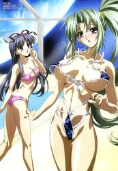 2girls areolae ass ass_cleavage bandeau between_labia bikini blue_eyes blue_hair blush bow breasts butt_crack cleavage cleavage_cutout dimples_of_venus female female_only front-tie_top green_hair hair_ribbon halter_top halterneck heart heart_cleavage_cutout heart_cutout highres large_breasts long_hair looking_back lowleg lowleg_bikini megami micro_bikini moon multiple_girls nagase_sayaka nipple_slip nipples open_mouth ponytail pool poolside purple_eyes ribbon soul_link space surprised sweat swimsuit thigh_gap thighs tied_hair tubetop untied very_long_hair wardrobe_malfunction watanabe_yoshihiro water window yamanami_yu yuu_yamanami