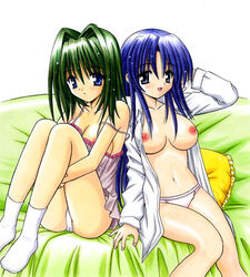 2girls :d :o adjusting_hair angelical_pendulum aoi_(kibou_rengetsu) back-to-back back_to_back bangs bed blue_eyes blue_hair blush bottomless breasts chemise cleavage embarrassed female footwear green_hair hair_intakes hazuki_(kibou_rengetsu) kibou_rengetsu lace lace-trimmed_panties leg_hold leg_hug legs lingerie long_hair matra_milan multiple_girls navel nipple_slip nipples no_pants official_art open_mouth pajamas panties pantyshot pantyshot_(sitting) pantyshot_sitting parted_bangs payot pillow pink_panties short_hair sideboob sitting smile socks strap_slip traditional_media underwear white_panties