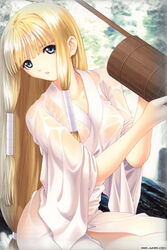 1girls blonde_hair blue_eyes breasts female female_only kureha_(mitama_~shinobi~) long_hair mitama_~shinobi~ see-through solo summer taka_tony undressing water wet wet_clothes