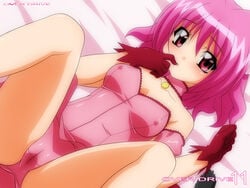 animal_ears arm_garter bed bed_sheet cameltoe cat_ears cat_tail choker erect_nipples female gloves highres ichigo_momomiya leotard magical_girl on_back panties pink_eyes pink_hair pink_panties sheets short_hair solo spread_legs sugimura_tomokazu tail tokyo_mew_mew underwear wallpaper wave_ride