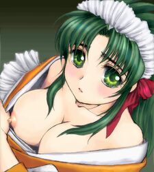 above_view anime_style big_eyes breasts cleavage clothing down_blouse female female_only green_eyes green_hair human jochuu-san lowres maid nipples oekaki original pale_skin pointy_chin seto shirt_pull solo tagme yagisaka_seto