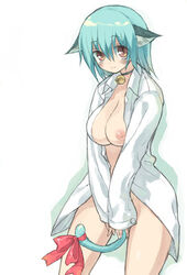 animal_ears blue_hair blush bottomless breasts brown_eyes cat_ears choker large_breasts mutsutake open_clothes open_shirt shirt short_hair tail