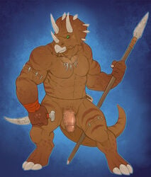 1boy 2016 anthro badcoyote balls beak black_sclera blue_background brown_scales dagger dinosaur flaccid front_view full-length_portrait full_length green_eyes hi_res holding_object holding_weapon horn humanoid_penis jewelry male male_only melee_weapon necklace nude penis polearm portrait scales scalie simple_background solo spear standing tribal triceratops vein veiny_penis weapon wristband