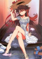 asuka_langley_sohryu bag barefoot blue_eyes clothing crossed_legs dress feet female female_only hair hat human legs legs_crossed long_hair neon_genesis_evangelion purse red_hair shoe_dangle shoeplay sitting solo straw_hat sun_hat white_dress wink