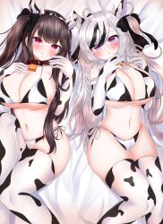 2girls absurdres alternate_costume animal_ears animal_print azur_lane bell bikini black_bikini black_gloves black_hair black_legwear black_ribbon blue_eyes blush breasts brown_hair cow_bikini cow_ears cow_horns cow_print cow_tail cowbell cute elbe_(azur_lane) elbow_gloves gloves gradient_eyes hair_ribbon hand_on_own_chest highres horns huge_breasts large_breasts long_hair looking_at_viewer lying min1910 multicolored_eyes multicolored_hair multiple_girls neck_bell on_back pamiat_merkuria_(azur_lane) red_eyes ribbon side-tie_bikini streaked_hair swimsuit tail thighhighs two-tone_bikini two-tone_gloves two-tone_hair two-tone_legwear white_bikini white_gloves white_hair white_legwear