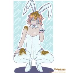 1futa bunnysuit erection_under_clothes flcl futa_only futanari haruko_haruhara high_heels pink_hair scat solo squatting viledraws white_background