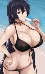 big_breasts bikini black_bikini black_hair bursting_breasts cafekun chuunibyou_demo_koi_ga_shitai! cleavage eating female huge_breasts large_breasts long_hair looking_at_viewer massive_breasts popsicle red_eyes sexually_suggestive solo summer takanashi_touka voluptuous