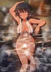 andou_(girls_und_panzer) aquaegg armpits black_hair blush breasts cleavage convenient_censoring female girls_und_panzer highres in_water large_breasts looking_at_viewer navel nude onsen open_mouth outdoors shiny shiny_hair shiny_skin short_hair smile solo steam towel yellow_eyes