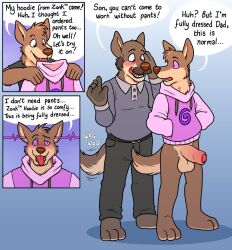 anthro balls blueballs_(artist) blush bottomless canid canine casual_exposure clothed clothing father foreskin genitals hand_in_pocket hi_res hoodie humanoid_genitalia humanoid_penis hypnosis hypnotic_clothing male mammal mind_control parent penis pockets son topwear zonked