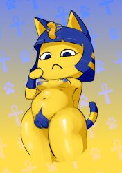 :< animal_crossing ankha ankha_(animal_crossing) anthro blue_hair breasts felid feline felis female fur furry furry_only genitals hair hairy_pussy hi_res looking_down mammal maximumpingas nintendo nipples nude pubes pussy slightly_chubby small_breasts solo tail thick_thighs video_games