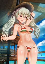 anchovy_(girls_und_panzer) aquaegg bikini blush breasts cameltoe cleavage collarbone drill_hair eyebrows_visible_through_hair female female girls_und_panzer green_hair hair_ribbon hat highres italian_flag_bikini large_breasts long_hair looking_at_viewer navel open_mouth outdoors red_eyes ribbon shiny shiny_hair side-tie_bikini smile solo straw_hat striped striped_bikini swimsuit