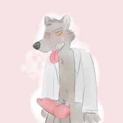 absurd_res anthro blush brown_body brown_fur canid canine canis clothing coat dreamworks fur gayboiarts hi_res knot male mammal mr._wolf_(the_bad_guys) solo solo_focus the_bad_guys tongue tongue_out topwear trance wolf