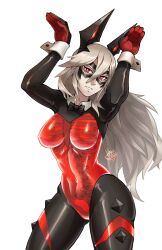 1girls alternate_costume breasts bunny_ears bunny_girl bunnysuit female female_only fire_emblem fire_emblem_heroes gesture grey_hair hakuramen large_breasts long_hair looking_at_viewer mask nintendo red_eyes reverse_bunnysuit skelly_jelly solo thrasir_(fire_emblem)