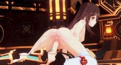 1boy 1girls 3d 3d_(artwork) aether_(genshin_impact) aline_en ass_grab balls black_hair blonde_hair genshin_impact gloves hu_tao_(genshin_impact) long_hair mihoyo penis pleasure_face sex thighhighs vaginal_penetration