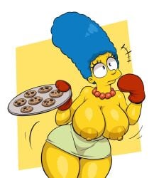 1girls big_ass big_breasts breast_slip breasts busty cookies exposed_breasts female female_only joaoppereiraus marge_simpson milf nipples pearl_necklace solo the_simpsons white_background wide_hips yellow_background yellow_skin