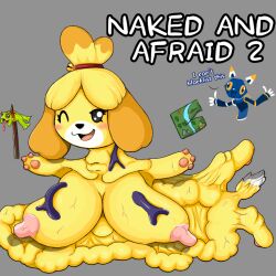 amphibian animal_crossing anthro big_breasts blood bodily_fluids body_horror breasts canid canine canis domestic_dog drnotafurry e621 female frog guts huge_breasts intestines isabelle_(animal_crossing) mammal map naked_and_afraid nintendo nude one_eye_closed organs paws polearm simple_background smile solo spear stick vein video_games weapon wink