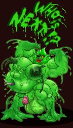 anthro balls belly big_belly bodily_fluids canid canine canis cum ejaculation erection genital_fluids genitals goo_creature green_body green_skin hi_res hybrid male mammal moobs muscular muscular_male open_mouth penis slime stomach_bulge text vore wolf wolfbear303