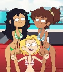 3girls adult aged_up amphibia amphibia_(finale) anne_boonchuy bikini bikini_bottom bikini_top dark-skinned_female dark_skin disney disney_channel disney_xd female female_only hair_pin hand_on_thigh human koton-san long_hair looking_at_viewer marcy_wu multiple_girls pale_skin parody ponytail sasha_waybright seaside short_hair signature sitting smiling standing straight_hair swimmming_pool swimwear triodekka yuri