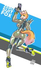 absurd_res anthro big_breasts bodysuit breasts cameltoe canid canine canis clothing female fluffy fluffy_tail fox fox_mccloud fur genitals glowing glowing_markings green_eyes happy hi_res high_heels holding_object holding_weapon jooshy latex latex_clothing looking_at_viewer mammal markings metroid mtf_crossgender nintendo nipples on_one_leg one_leg_up open_mouth pink_nipples pussy raised_leg ranged_weapon rubber rubber_clothing rubber_suit rule_63 simple_background skinsuit solo standing star_fox text tight_clothing translucent translucent_clothing translucent_latex video_games weapon yellow_body yellow_fur zero_suit zero_suit_fox