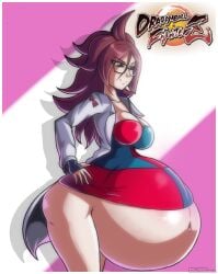 1girls android_21 ass belly big_belly big_breasts blackoutsiderz breasts brown_hair cleavage colored dragon_ball dragon_ball_z female glasses hand_on_hip huge_belly pregnant solo_female starcrossing thighs